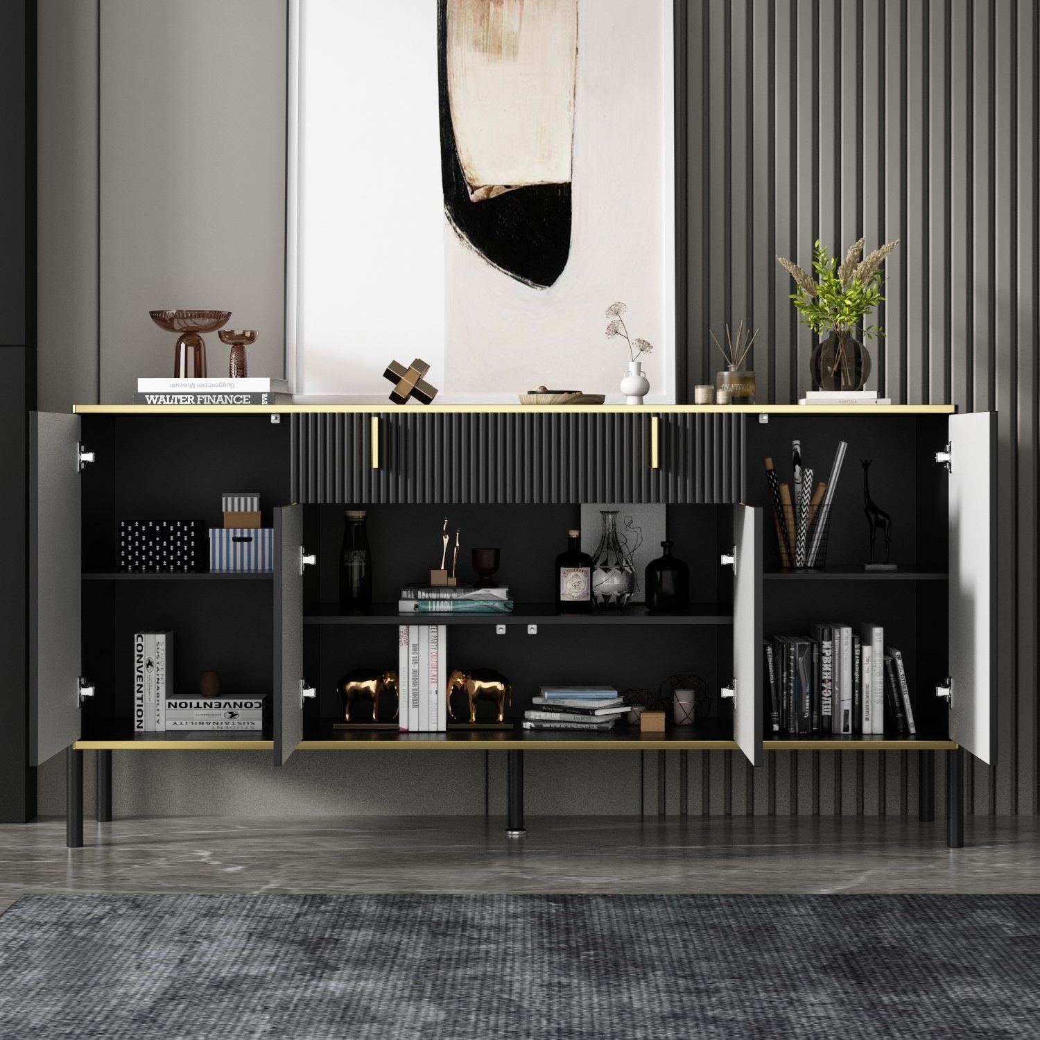FUFU&GAGA Sideboard Komodenschrank mit 4 Türen und 1 Schublade