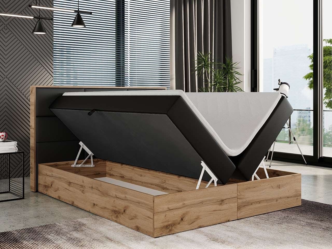MKS MÖBEL Boxspringbett ALBERO 2, Doppelbett, mit Eiche Holzrahmen, Multipocket-Matratze, mit Kopfstütze