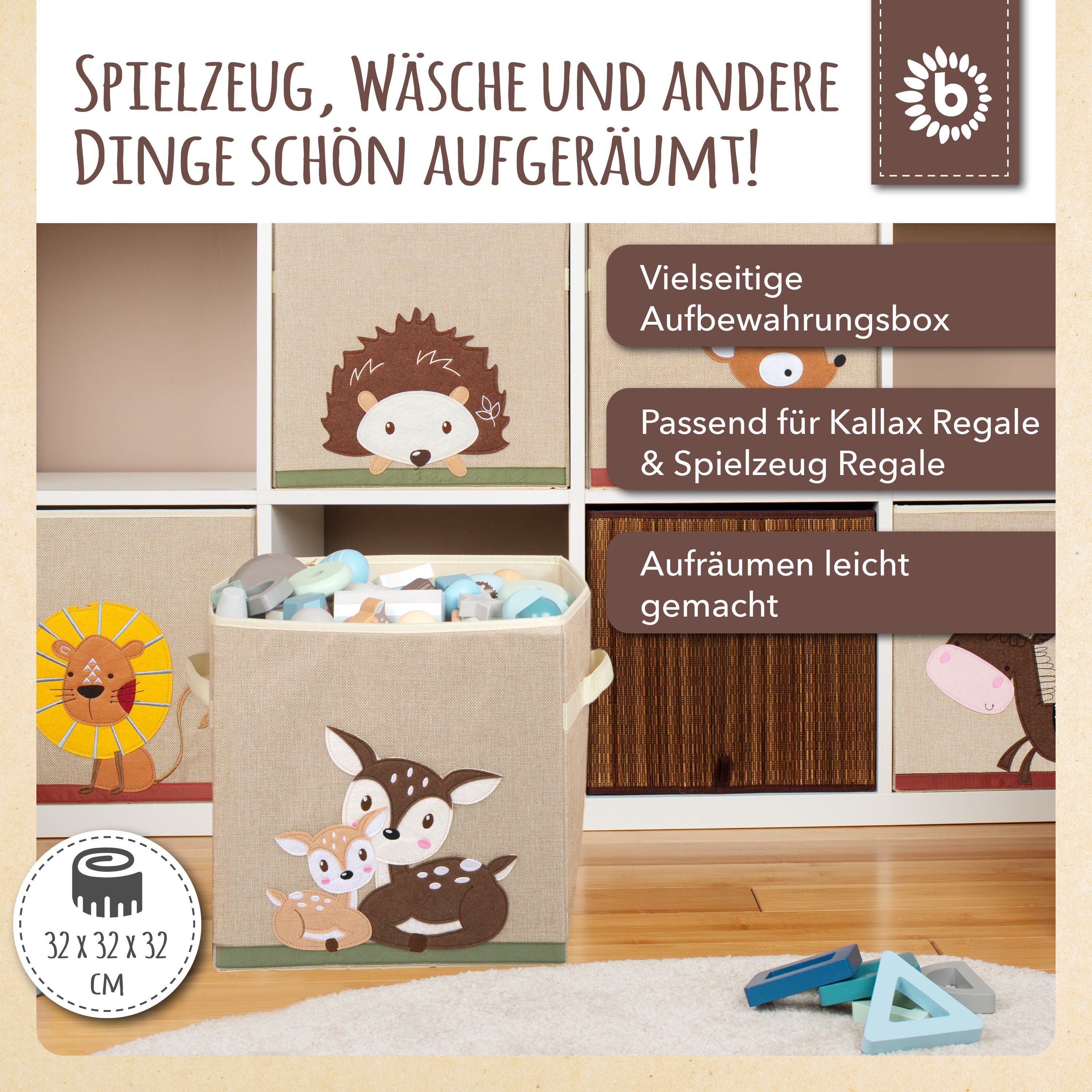 BIECO Spielzeugtruhe Bieco Aufbewahrungsbox Kinder Rehe Motiv ca. 36L faltbar Süße Spielzeug Kiste für Kallax Regal Aufbewahrungsbox 33x33x33 Kallax Boxen für Spielzeug Aufbewahrung Storage Box Kallax Korb
