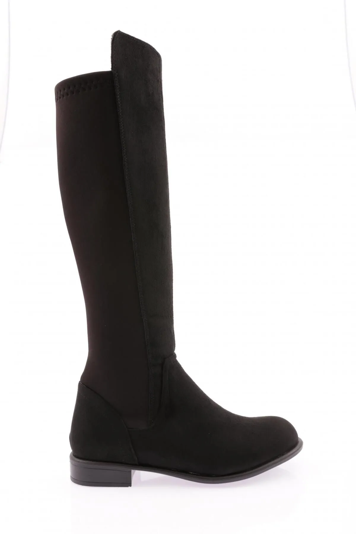 DGN  Modell 501 für Damen – Kniehohe Stiefel aus schwarzem Wildleder mit Stretch-Bogen und seitlichem Reißverschluss