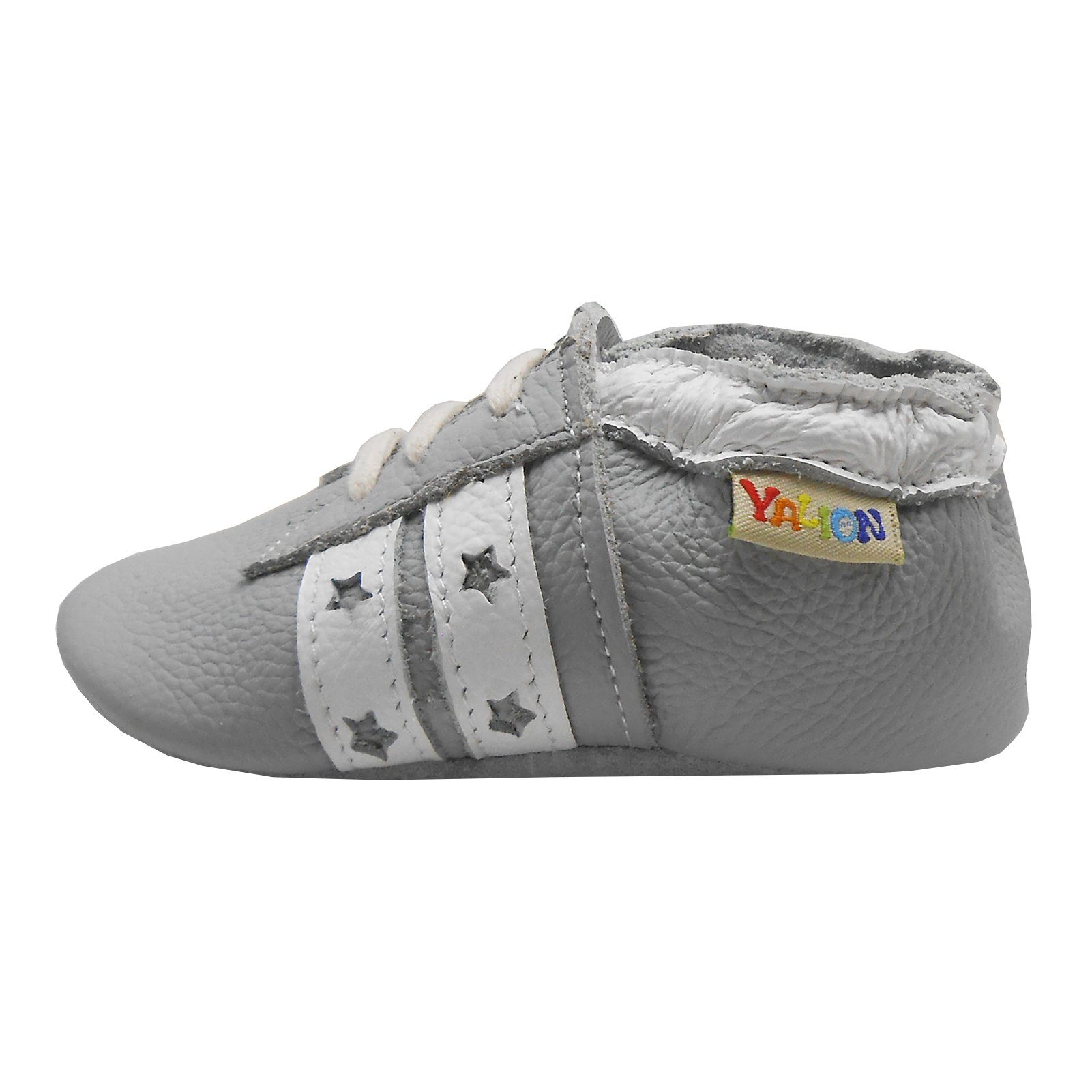 Yalion Weiche Leder Lauflernschuhe Hausschuhe Lederpuschen Streifen Grau Krabbelschuh elastisch
