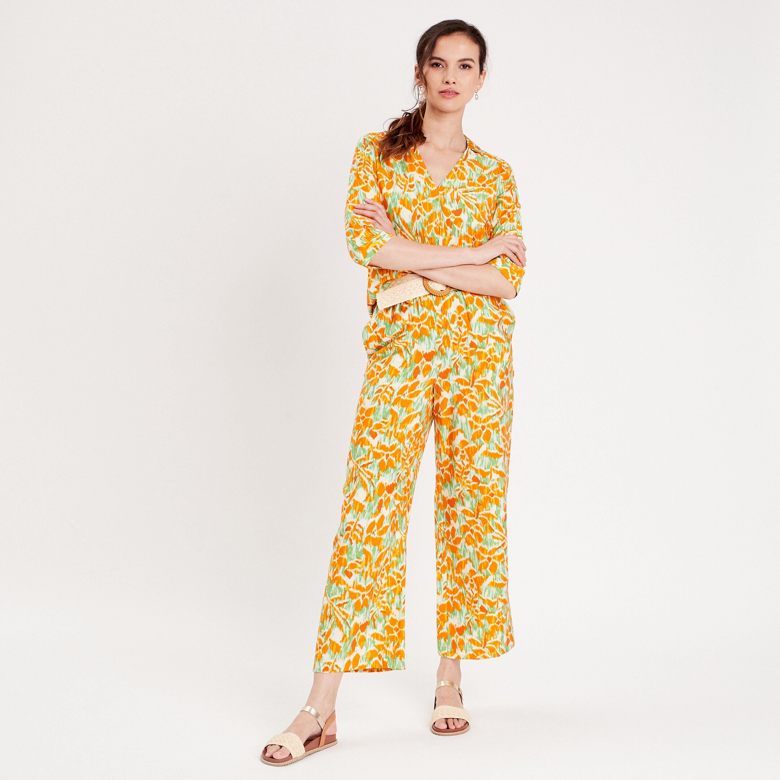 Pantalon large fluide vert femme | Cache Cache