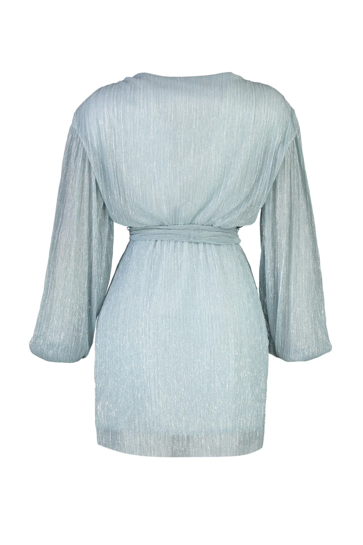 Trendyol Collection  Hellblaues glänzendes Strick-Abendkleid mit Taillengürtel/Skater-Futter TPRAW22EL1905