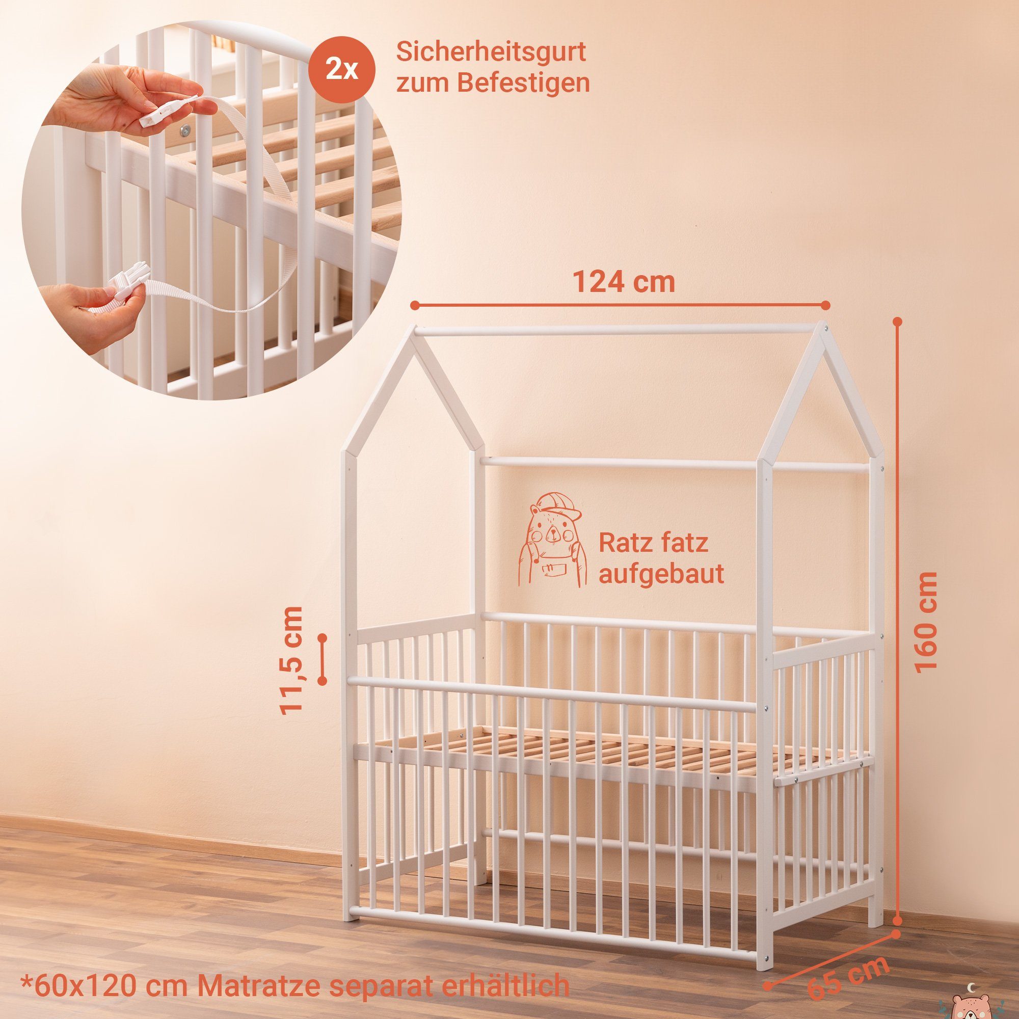 Alcube Komplettbett MILO Mitwachsendes Hausbett 3 in 1, Made in Germany I DIN EN 1130, Babybett 60x120 aus Buchenholz, Beistellbett Baby umbaubar zum Sofa