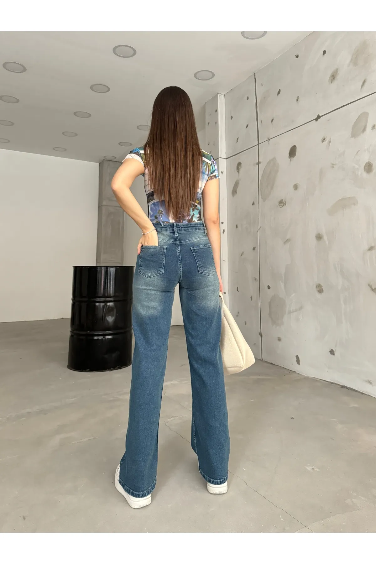 BİKELİFE  Damen-Palazzo-Jeans aus dunkelblauem, blassem Lycra mit hoher Taille und weitem Bein, lockere Passform