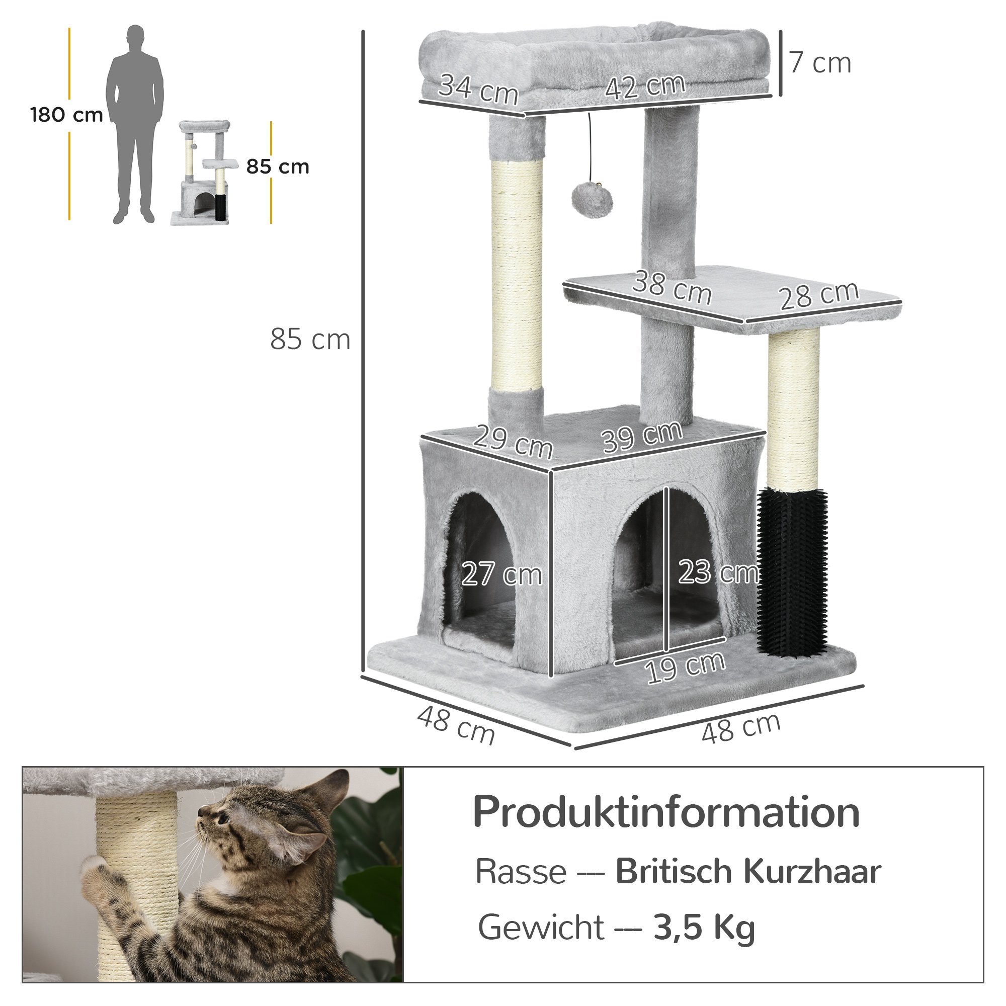 PawHut Kratzbaum Katzenbaum mit Massageecke Katzenhöhle Katzenkratzbaum Hellgrau, 48L x 48B x 85H cm