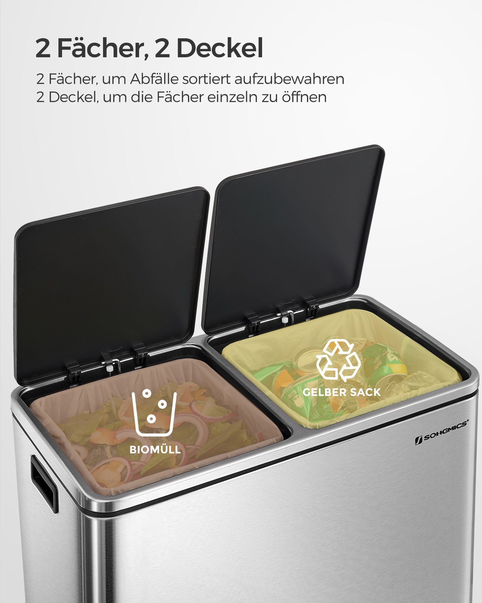 SONGMICS Mülleimer Mülltrennsystem, mit 2 Fächern, 2 x 30 L, Küche