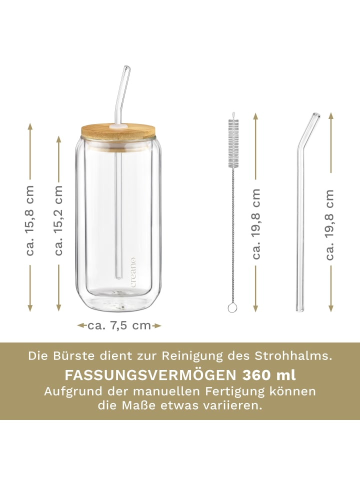 Creano 2 Thermogläser mit Glastrinkhalm und Bambusdeckel 360ml günstig kaufen 360ml