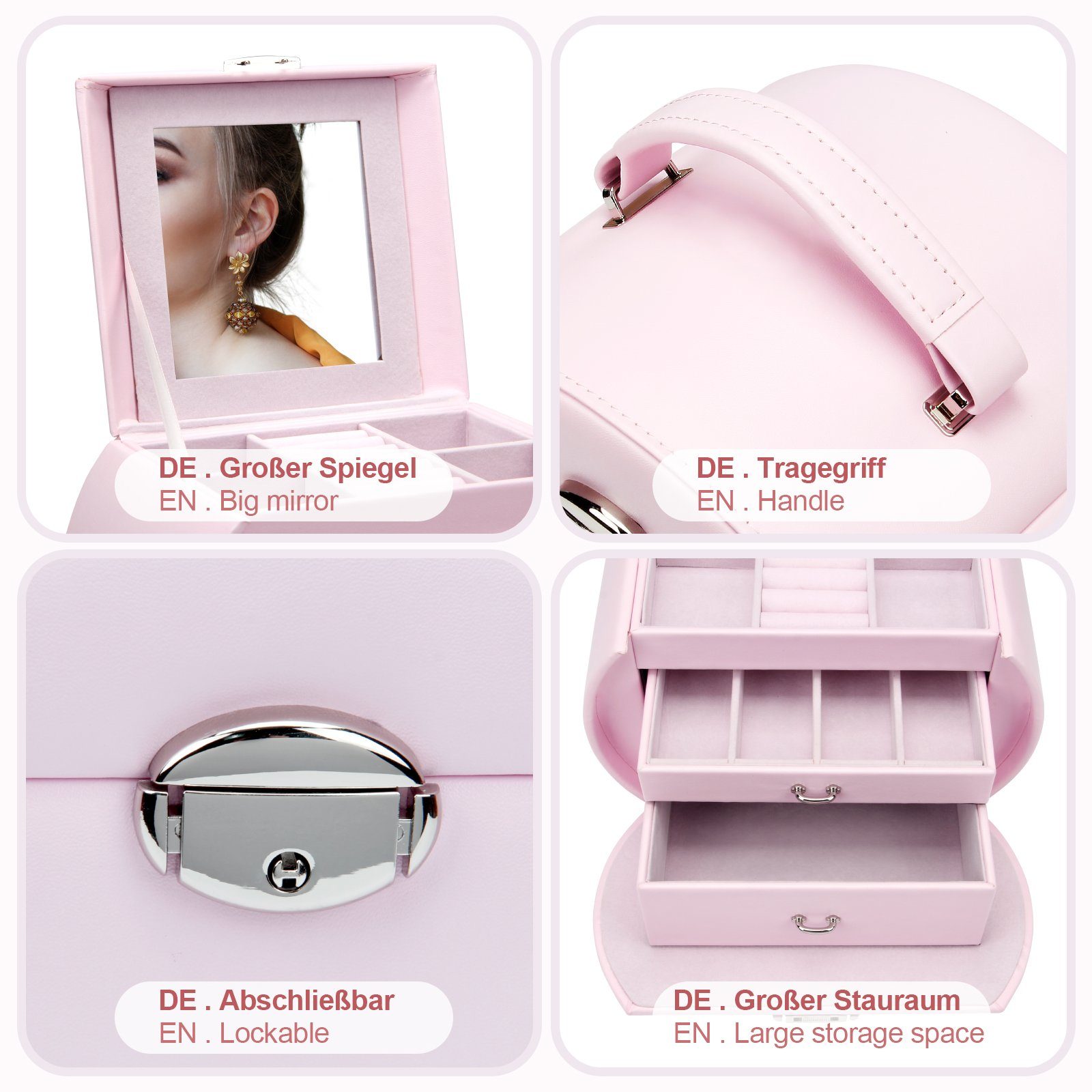 Yorbay Schmuckkasten Schmuckkoffer komplett abschließbar Schmuckkasten Pink (Mit 3 Ebenen, Mit Spiegel), Schmuckkästchen für Halsketten, Ringe, Armbänder, Ohrringe, Brille