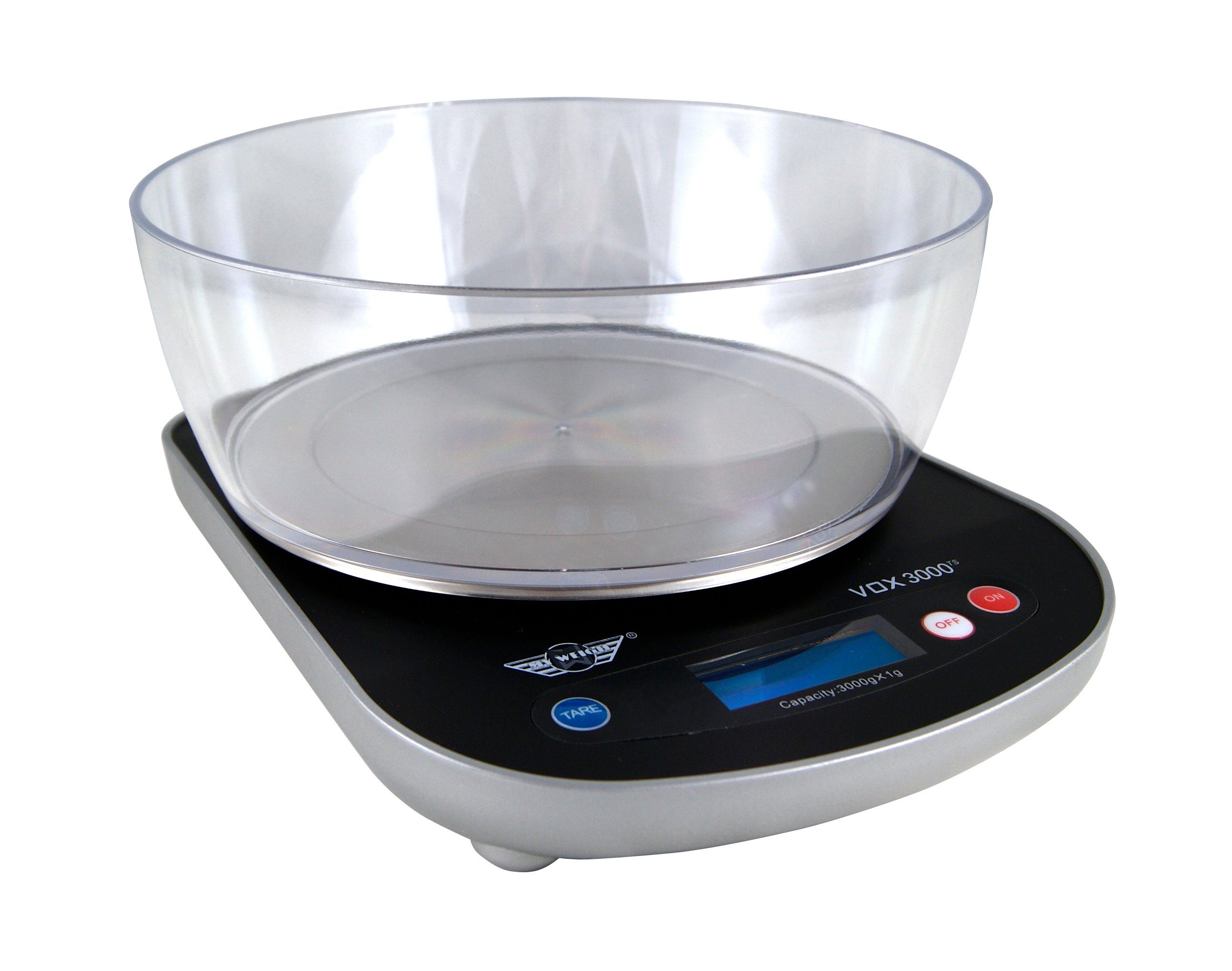 MyWeigh Küchenwaage Sprechende Küchenwaage VOX 1 Wägebereich 3kg / 1g mit Rührschüssel, Extra grosse Rührschüssel