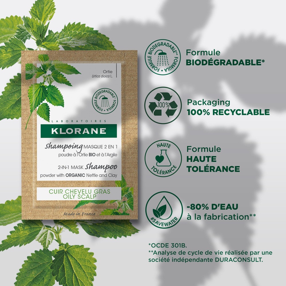 Klorane Ortie Masque lavant 2 en 1 poudre 8 sach ets 3gr Soins solide
