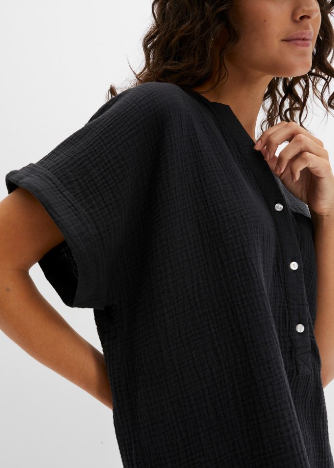Musselin-Bluse mit Knopfleiste und Tasche