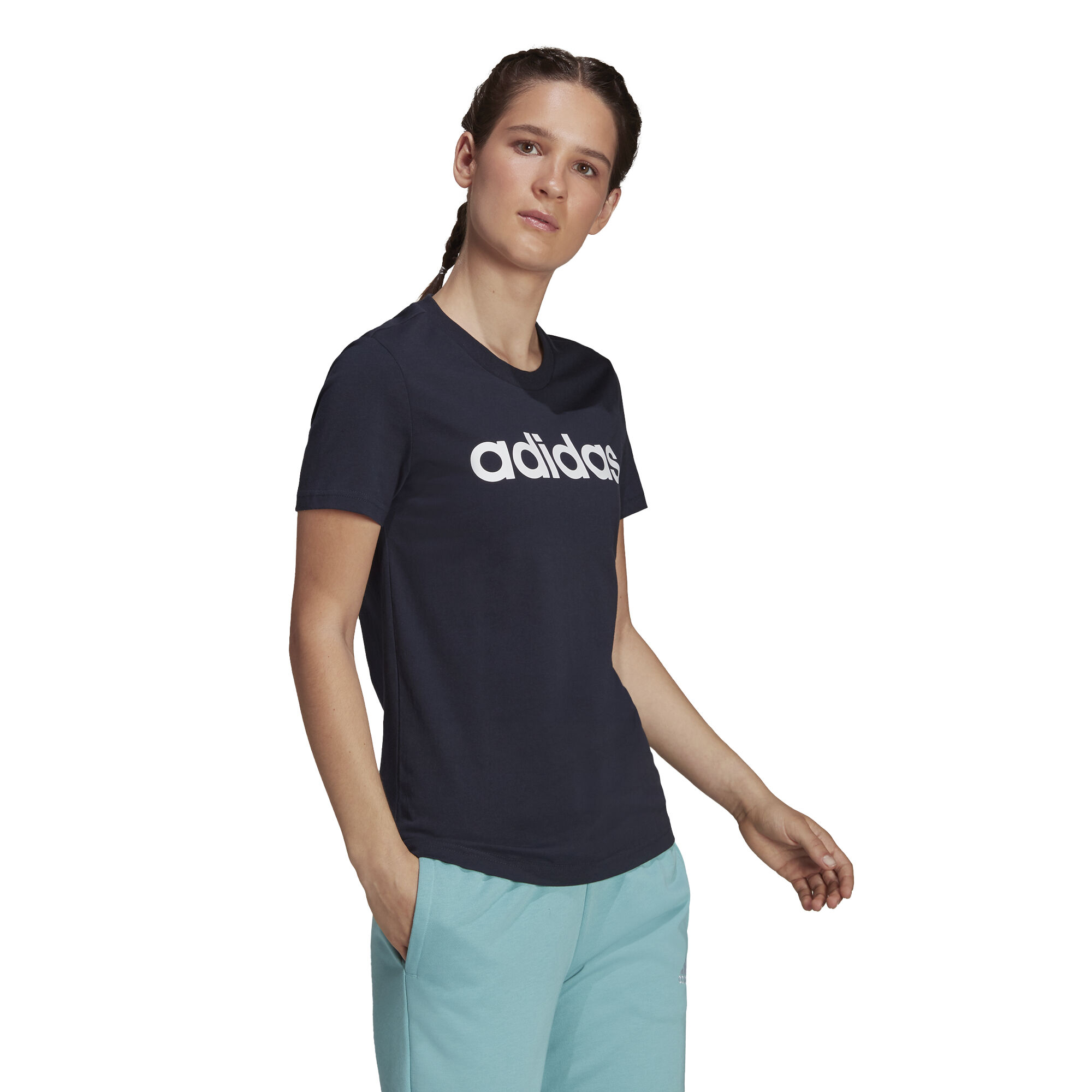 Linear T-Shirt Damen - Dunkelblau, Weiß