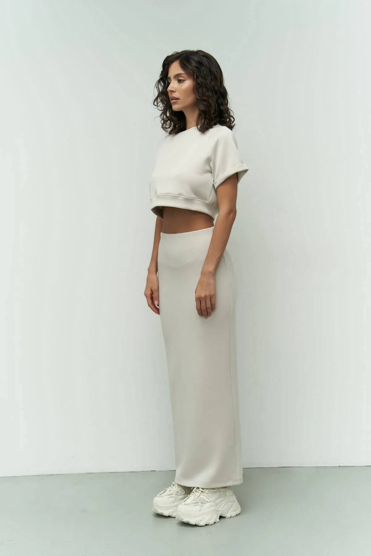 MAİ COLLECTİON  Paloma Beige Crop-Rock-Set