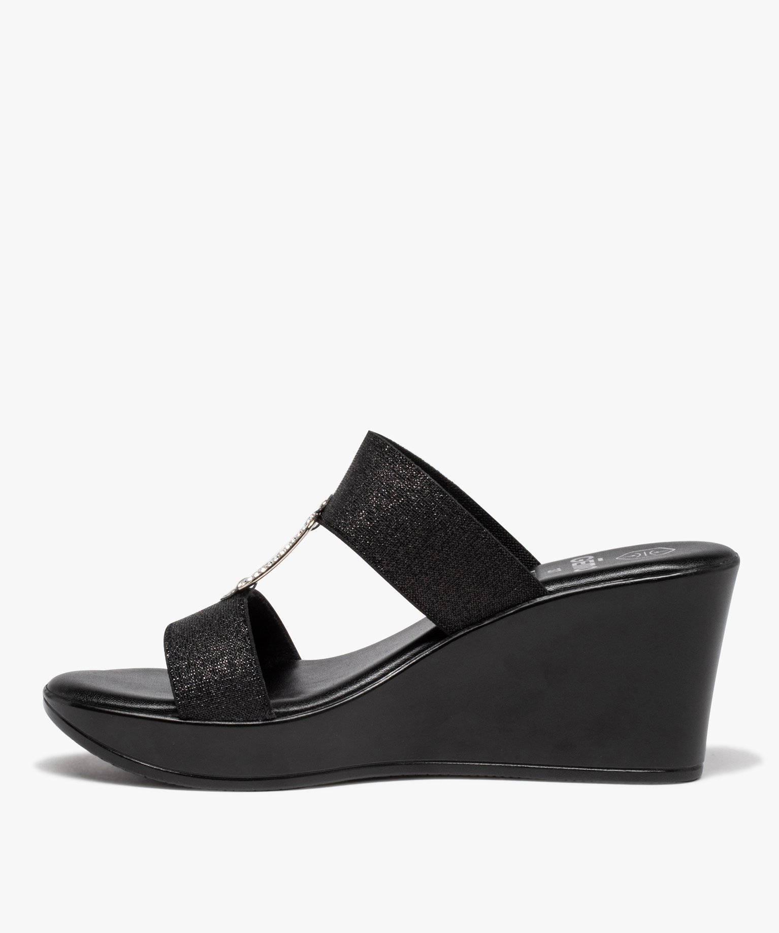 Mules femme compensées à brides élastiques et strass noir | GEMO