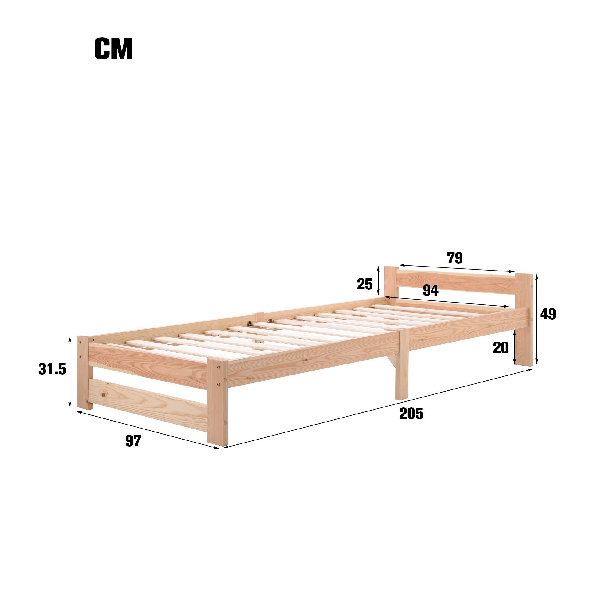 OKWISH Massivholzbett Natur Bett, Futonbett, Massivholzbett Einzelbett Kinderbett Gästebett (mit Kopfteil und Lattenrost, 200x90cm), Matratze nicht enthalten