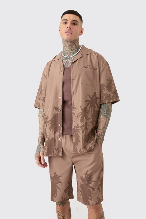Tall kastiges Oversize Hemd & Shorts mit Palmen-Saum