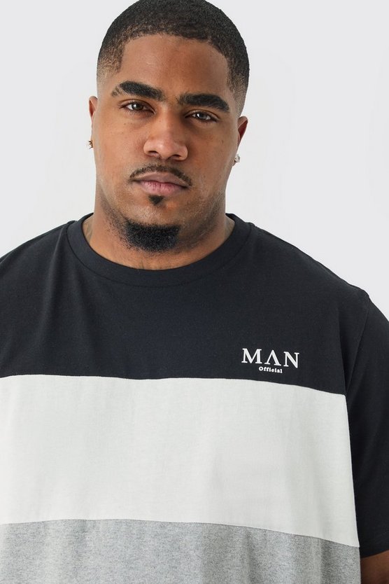 Plus Man Roman Colorblock T-Shirt mit Streifen in Schwarz