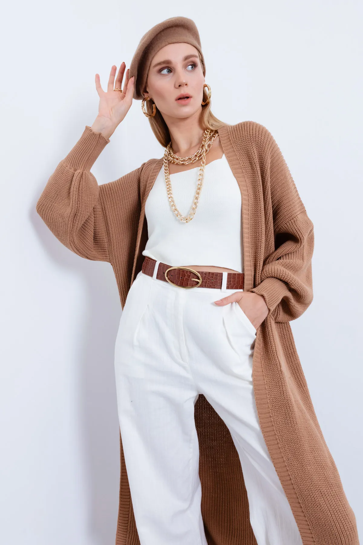 Lafaba  Hellbrauner, langer Cardigan für Damen mit Ballonärmeln