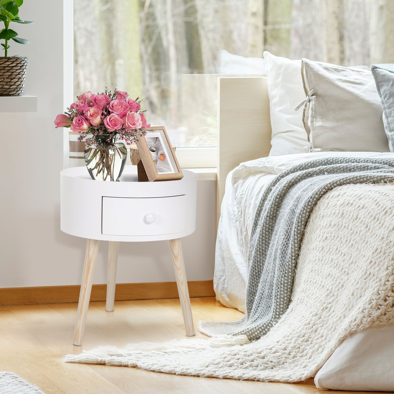HOMCOM Couchtisch, Beistelltisch mit Schublade Runder Kaffeetisch bis 50 kg Weiß