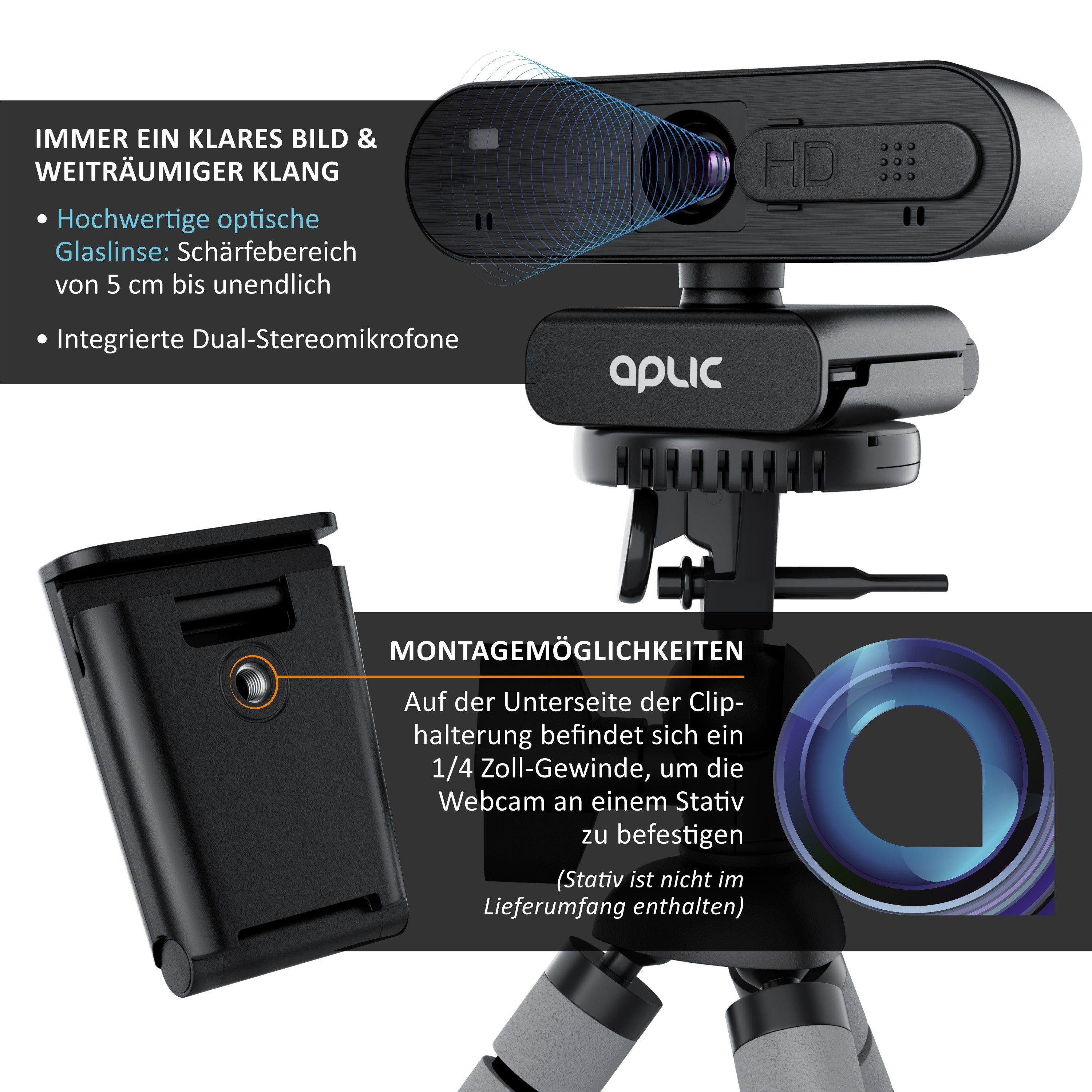 Aplic Full HD-Webcam (Full HD, 1920x1080@30Hz, Autofokus, Privacy Shutter Sichtschutz, Stereomikrofon)