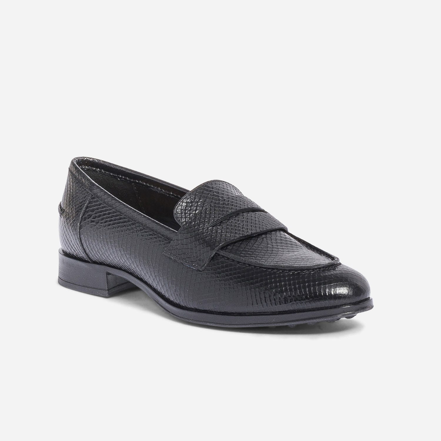 Mocassin noir en cuir embossé python
