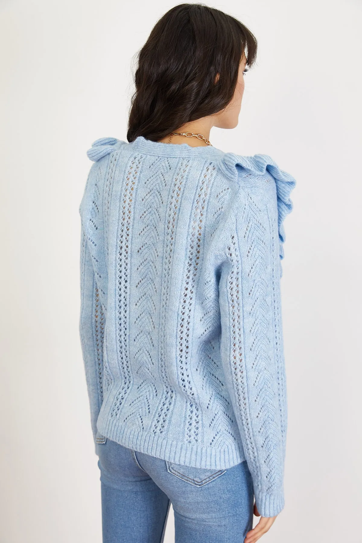 Bianco Lucci  Blaue, durchbrochene, geknöpfte Strickjacke mit Rüschen für Damen 10021061