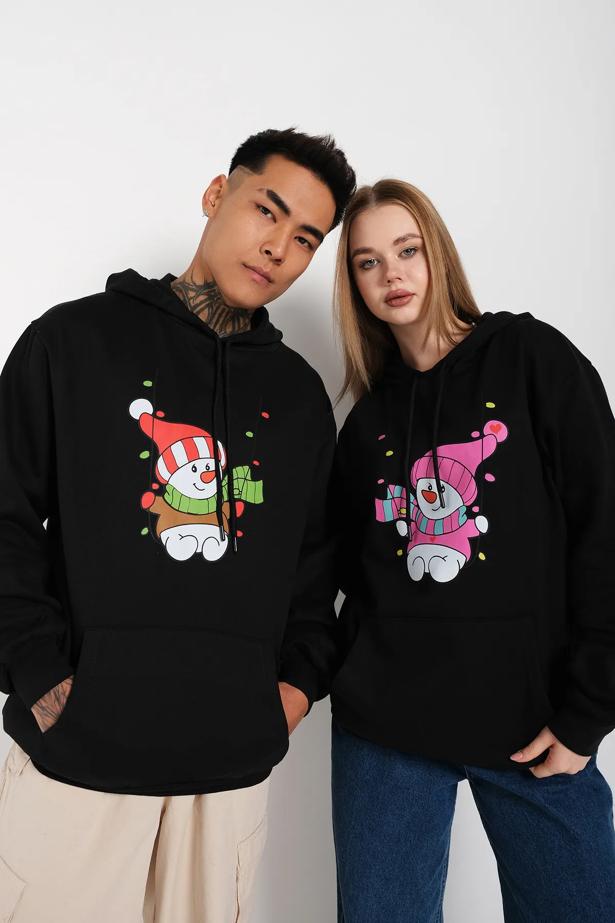 Know  Schwarzer Unisex-Sweatshirt mit doppeltem Neujahrs-Schneemann-Aufdruck, Oversize-Kapuzenpullover