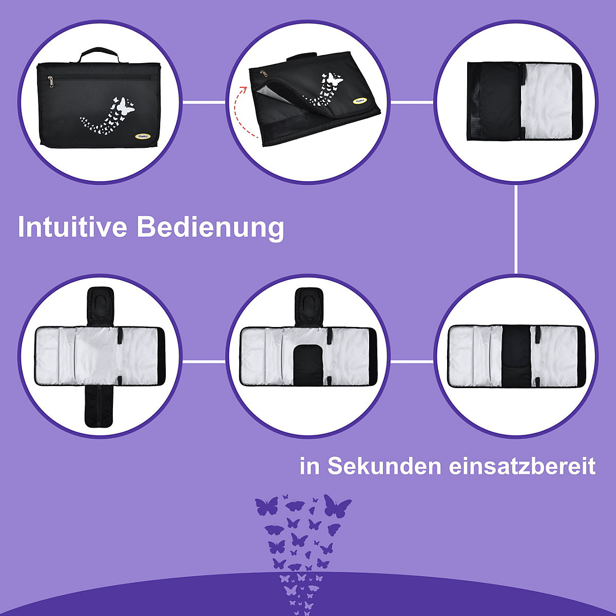 Große Wickelunterlage mit Schmetterlingsmuster ideal für unterwegs mit Babys inkl. 2x Kinderwagenhaken