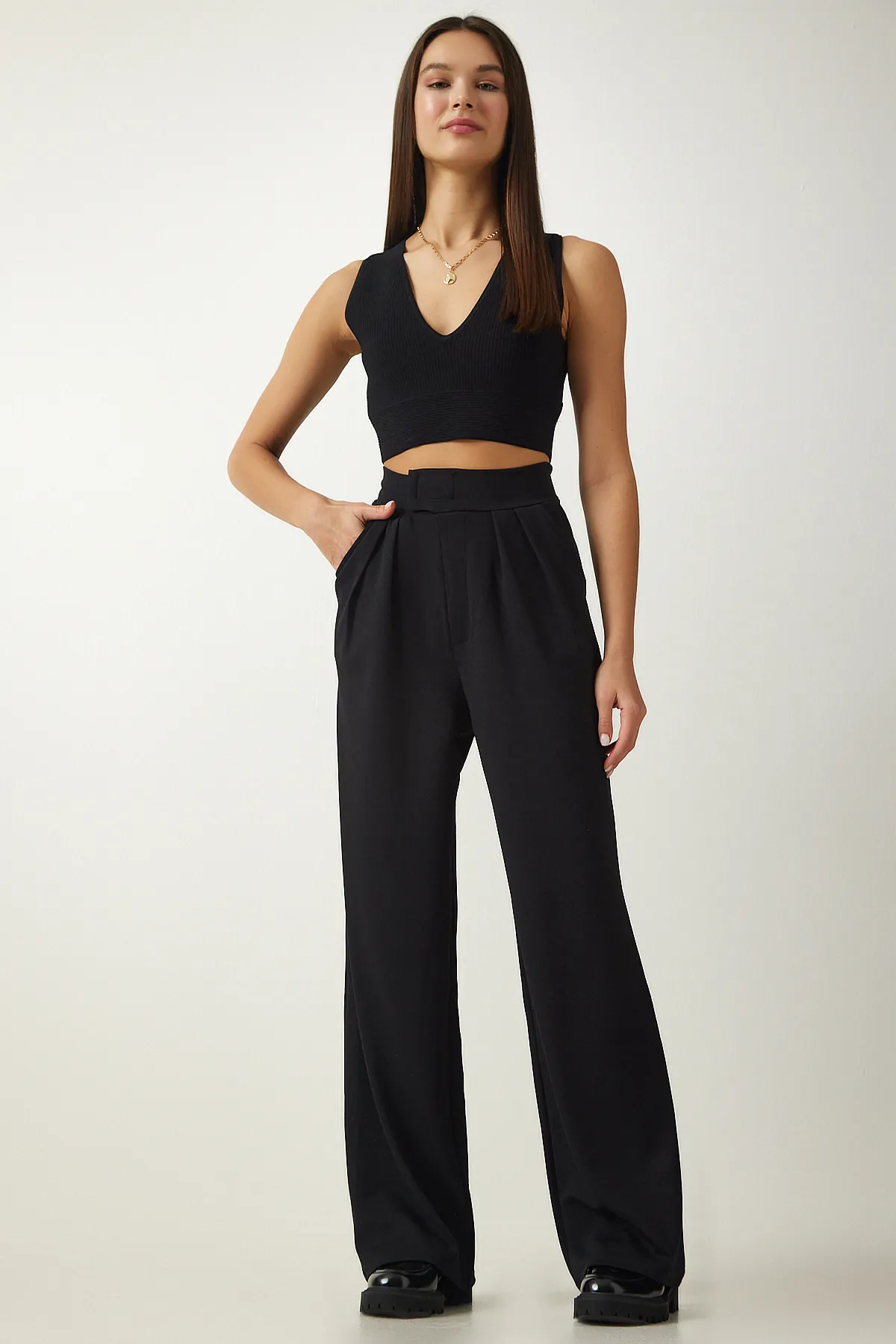 Happiness İstanbul  Bequeme Palazzo-Hose für Damen in Schwarz mit Klettverschluss am Bund Lİ00113