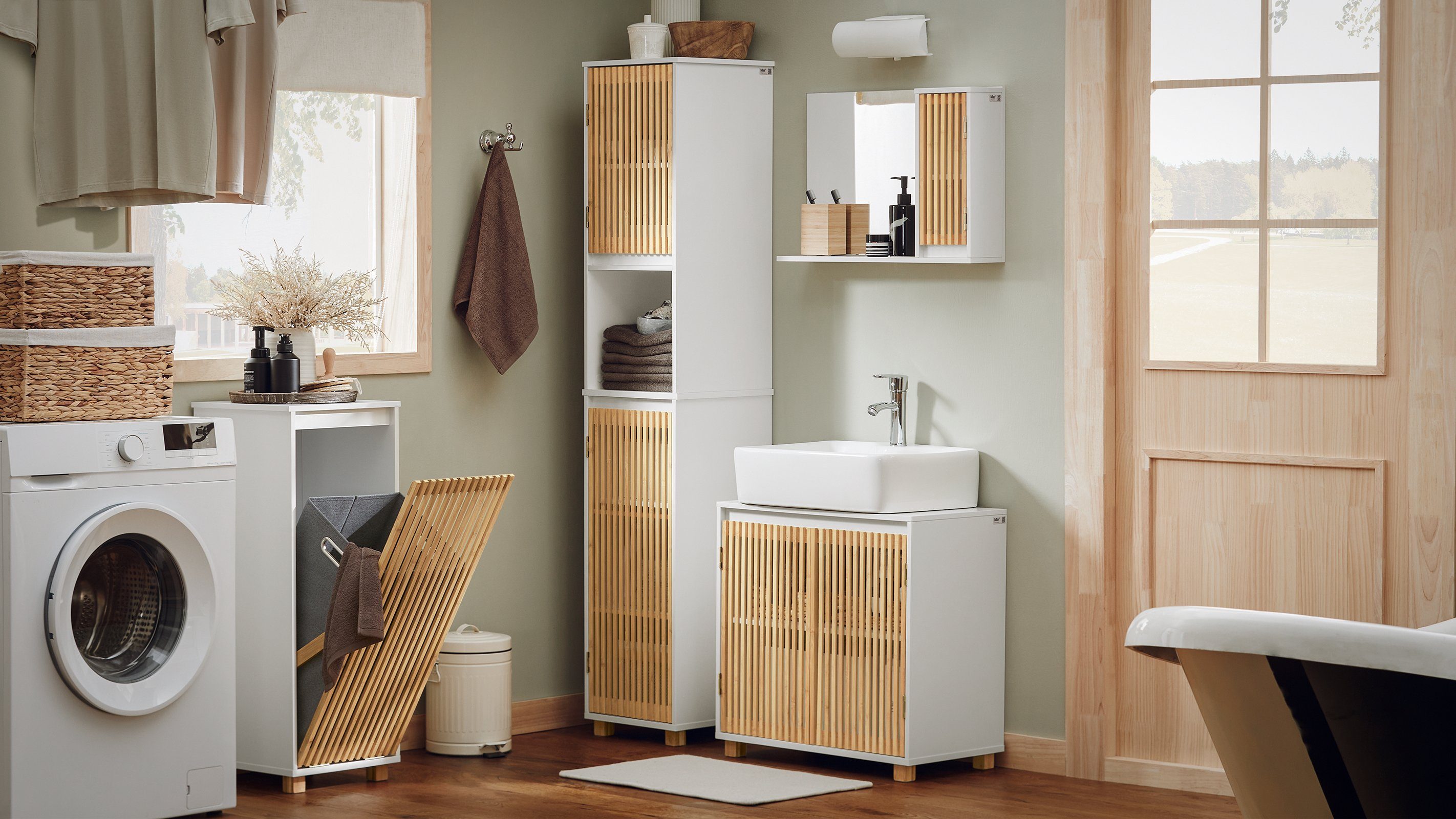 SoBuy Wäscheschrank BZR126 Badschrank mit Wäschesack Wäschetruhe Wäschesammler Wäschekorb
