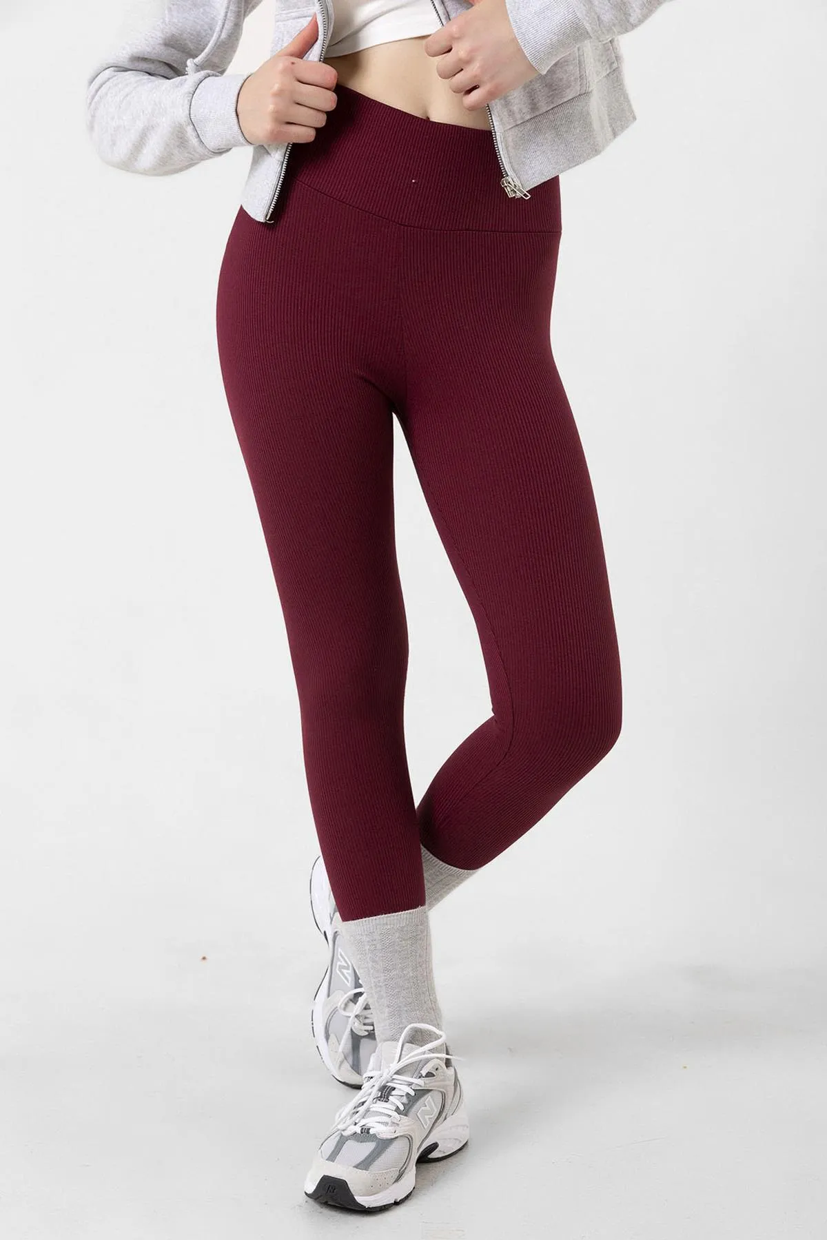 Domoda  Innenseite aus bordeauxrotem Fleece, elastisch, erhöht, gerippt, Interlock-Winterstrick-Leggings mit Raffung @verona