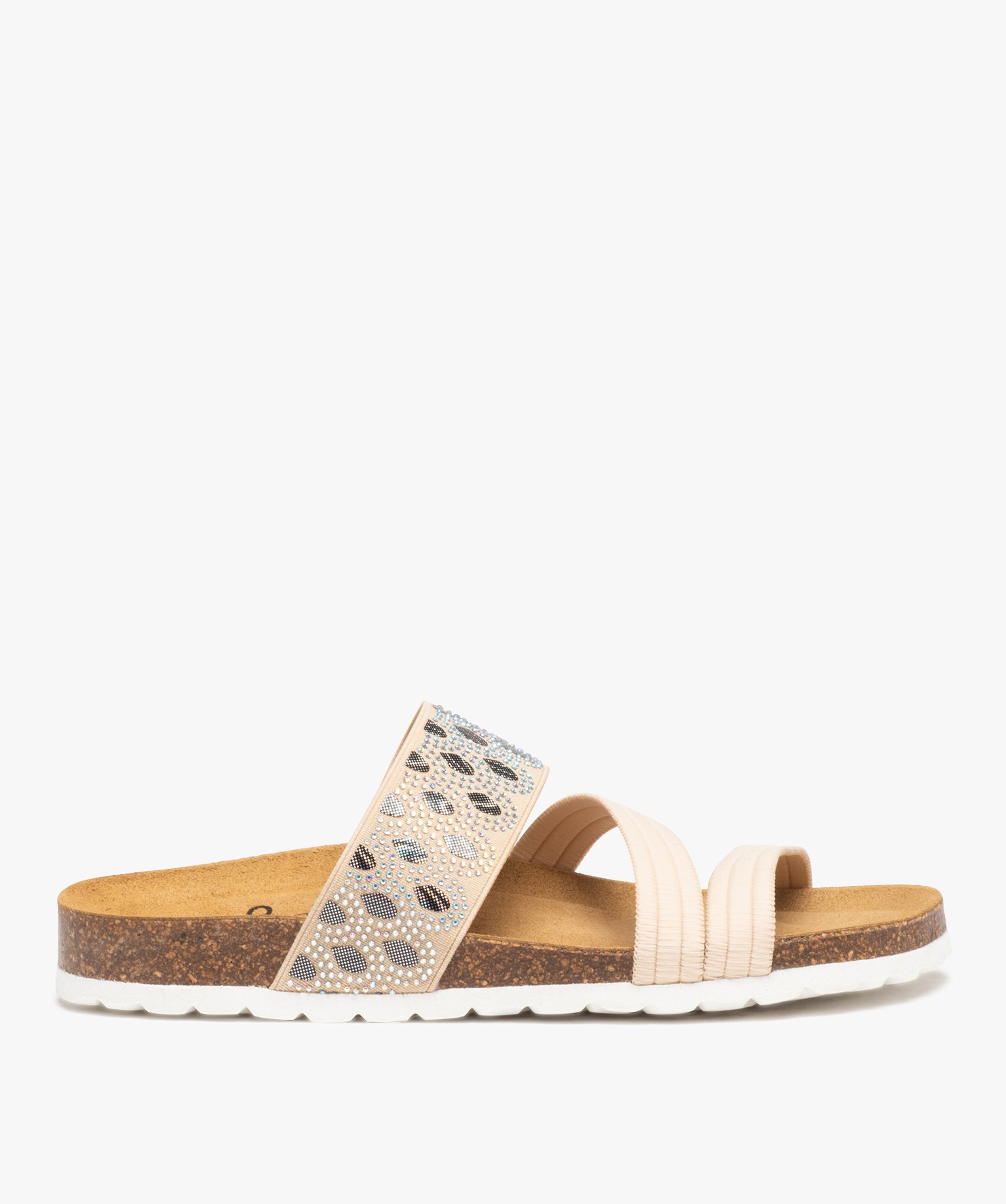 Mules femme à talon plat avec brides élastiques fantaisie beige | GEMO