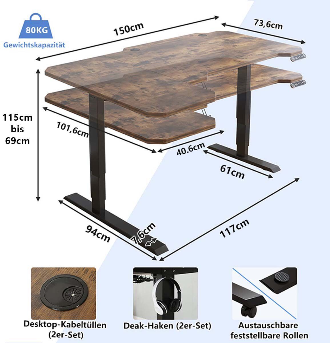 Radlove Schreibtisch Höhenverstellbarer Schreibtisch (150 CM, 4-Memory Steuerung, Rollen, Haken, Drahtkorb), Schreibtisch Höhenverstellbar Elektrisch L Form
