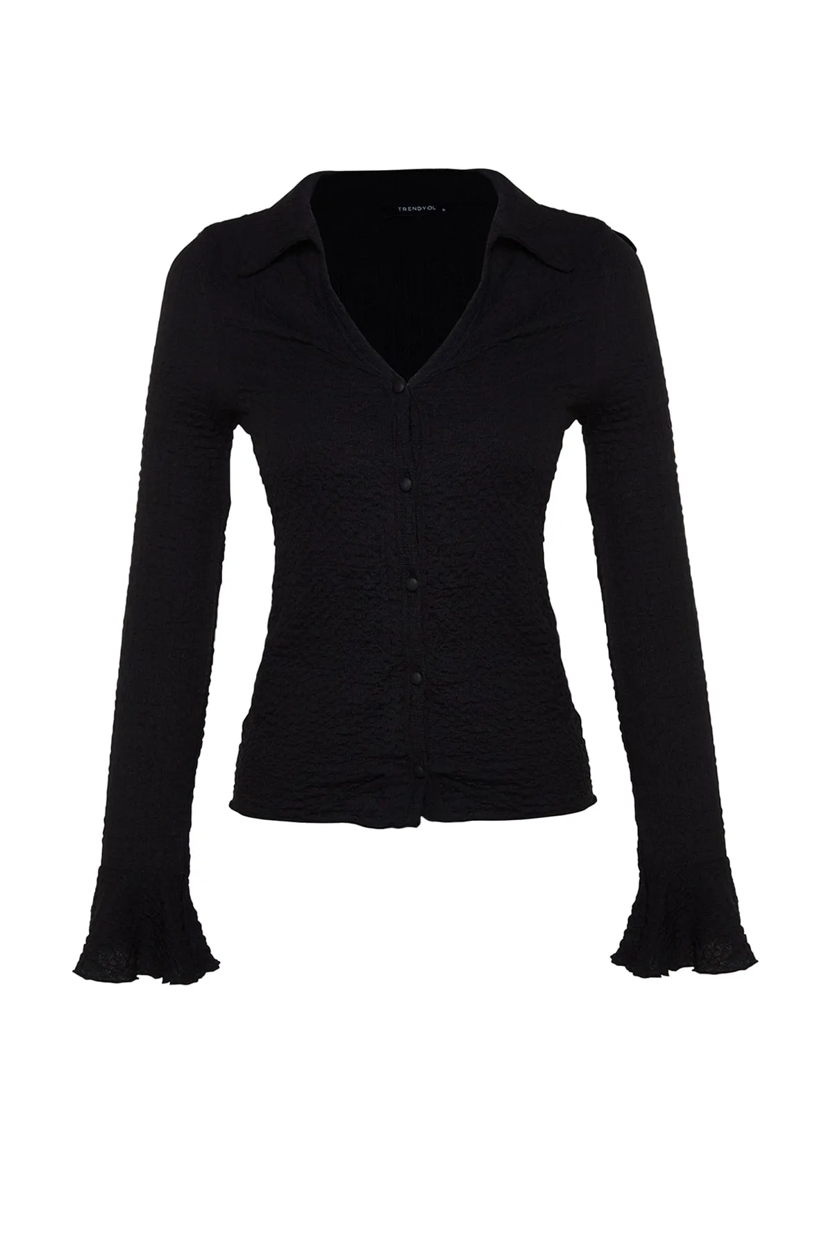 Trendyol Collection  Schwarzes Premium-Textur-Stretch-Strickhemd mit spanischen Ärmeln TWOAW24GO00004