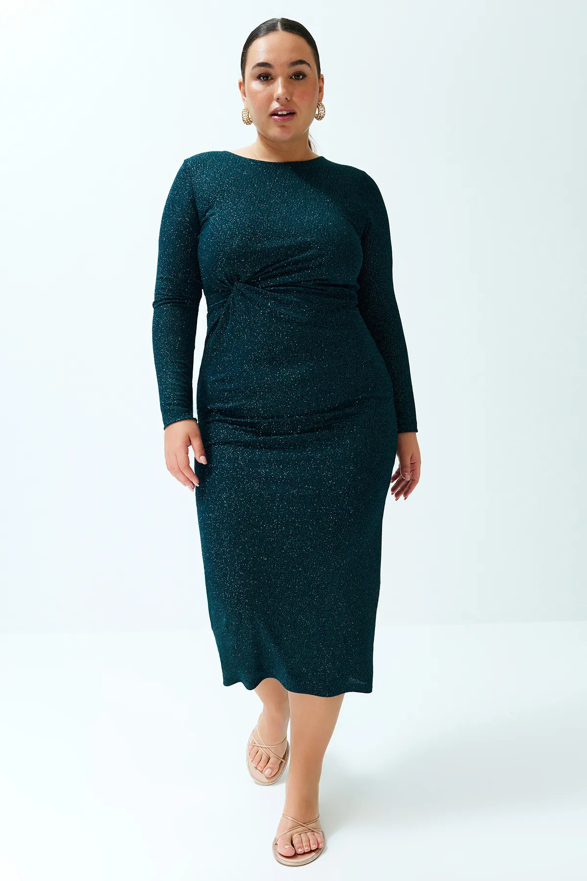 Trendyol Curve  Smaragdgrünes Midi-Glitzer-Strickkleid TBSSS24AH00149