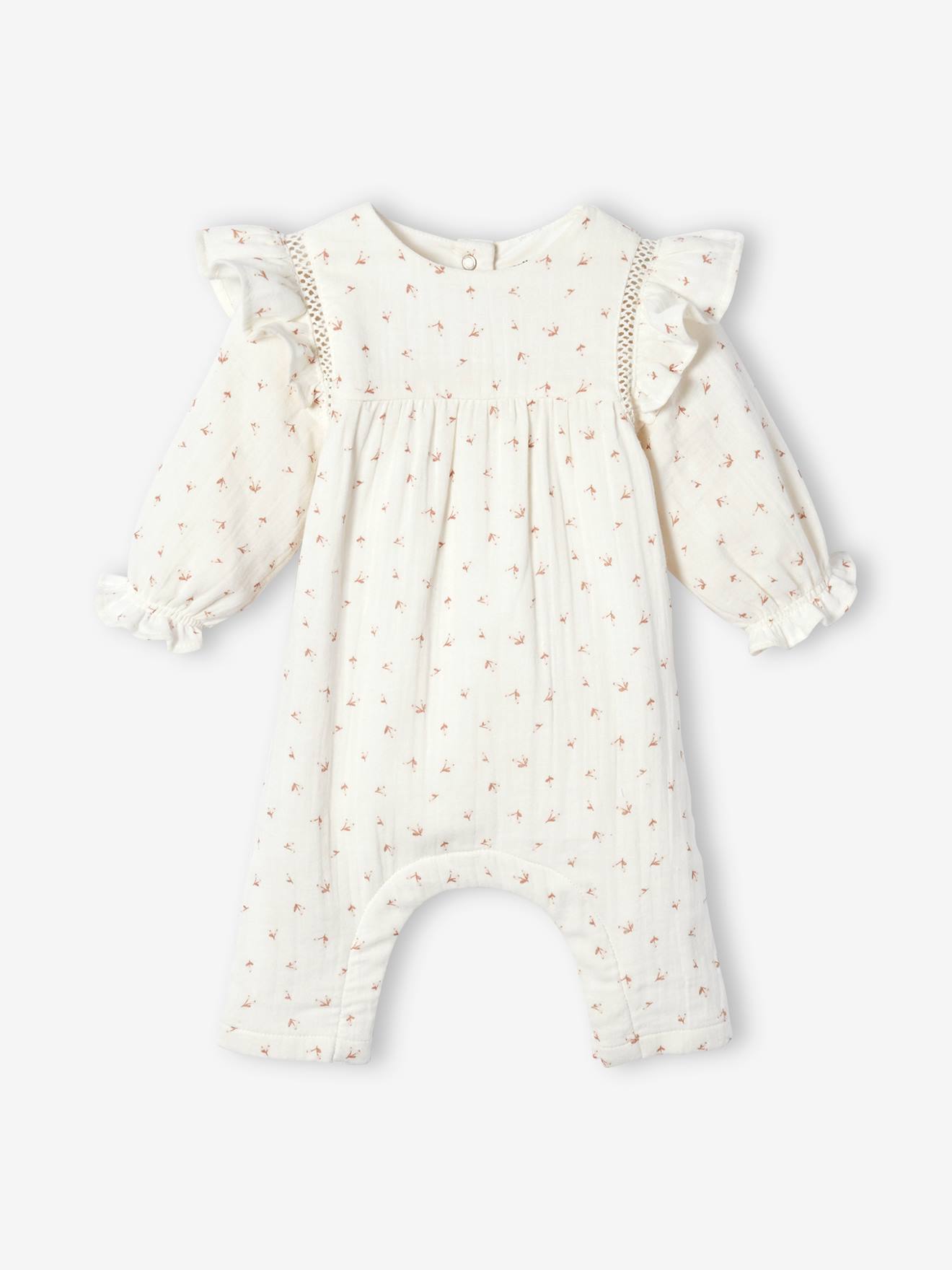 Combinaison volantée en gaze de coton bébé doublée écru