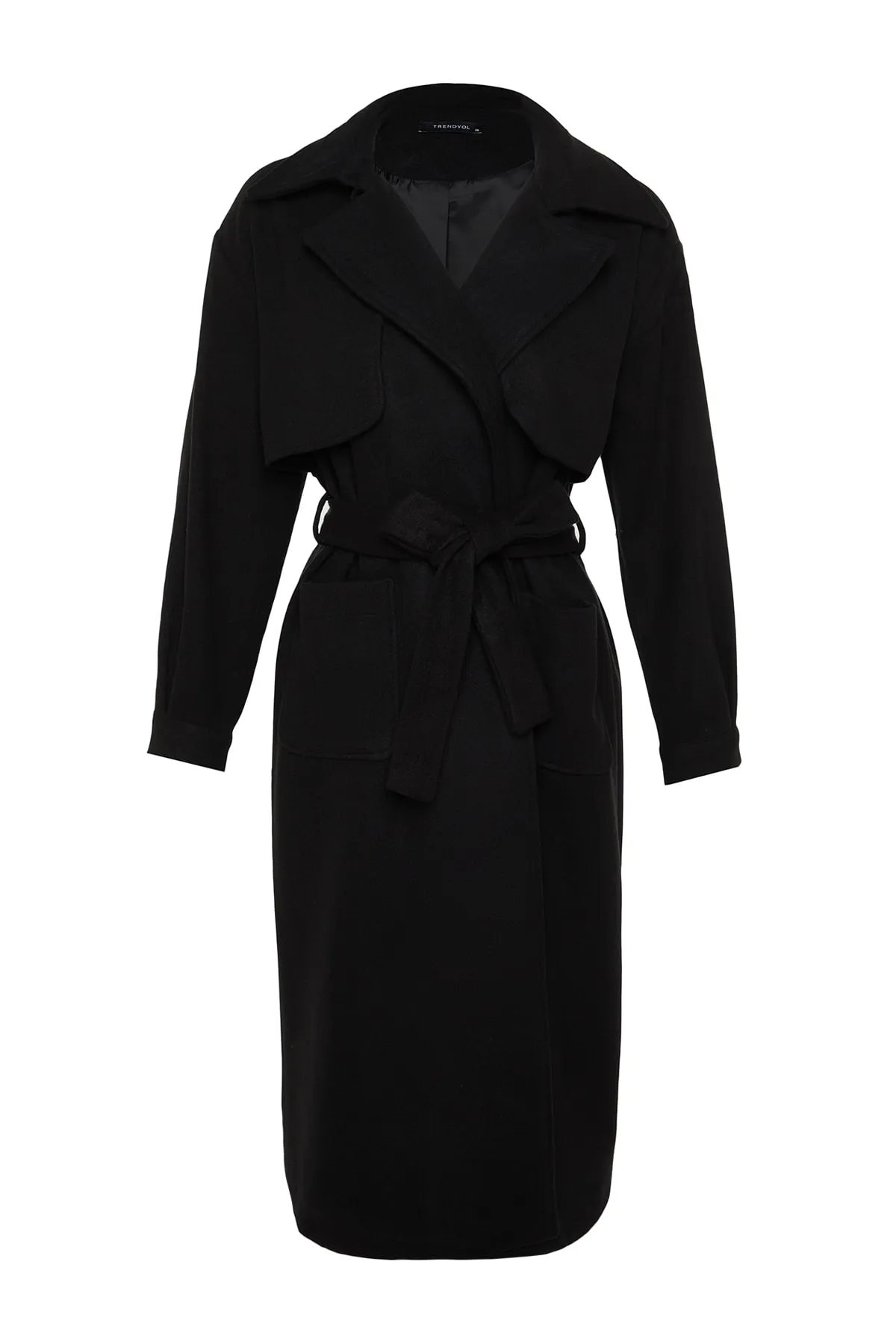 Trendyol Modest  Schwarzer Kaschmirmantel mit Trenchcoatkragen, Gürtel und Futter TCTAW24AB00001