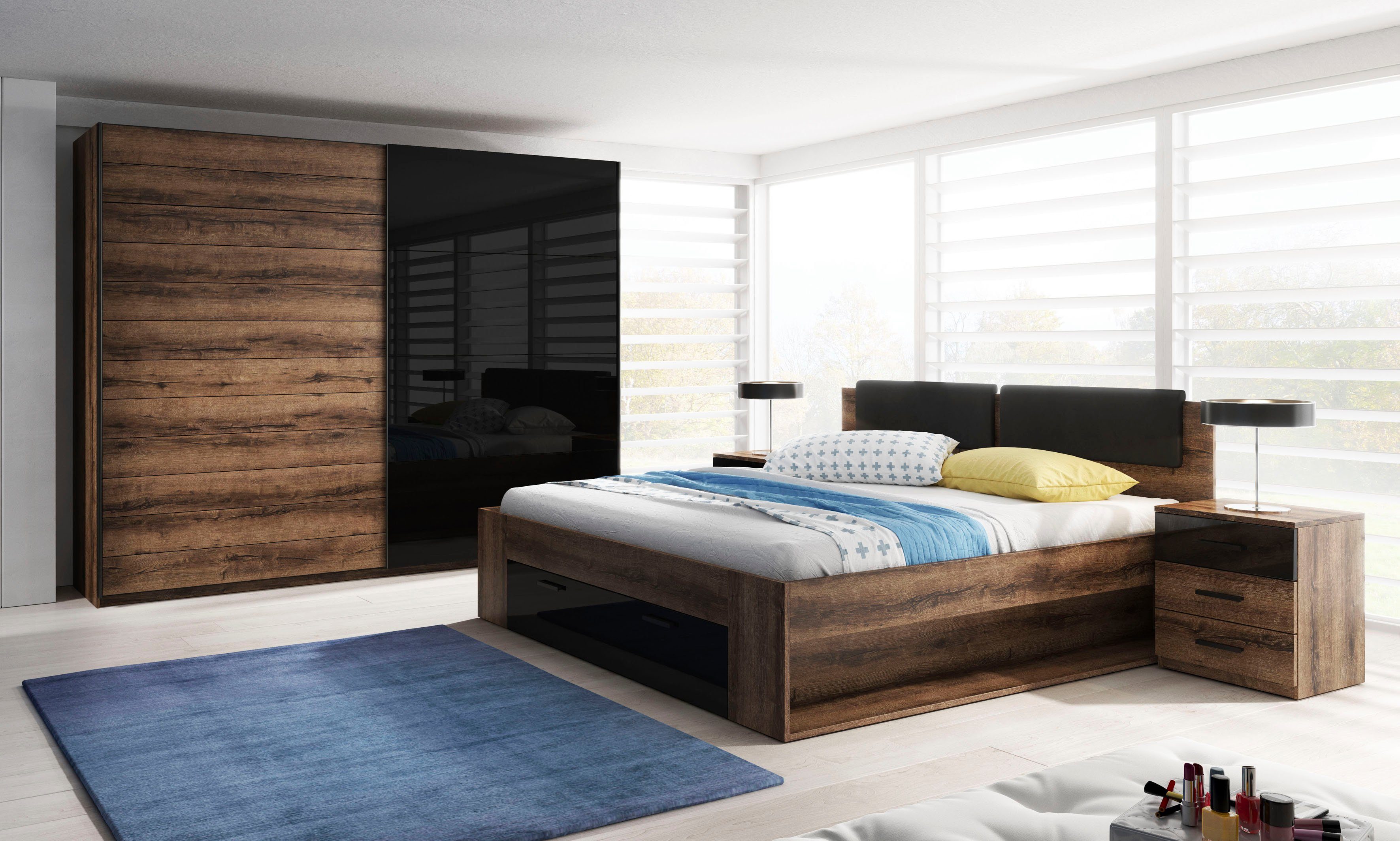 Helvetia Schlafzimmer-Set Galaxy, (4-St), Bett mit gepolsterten Kopfteilen und Stauraumschublade