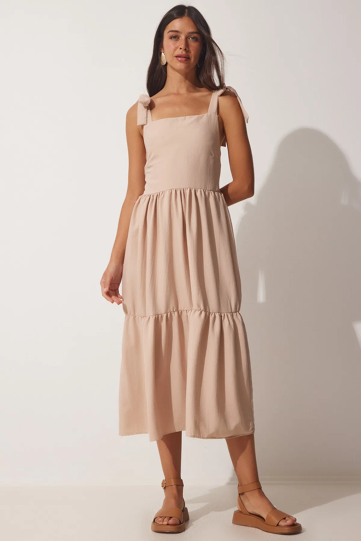 Happiness İstanbul  Cremefarbenes Träger-Sommerkleid aus Popeline für Damen ZH00030