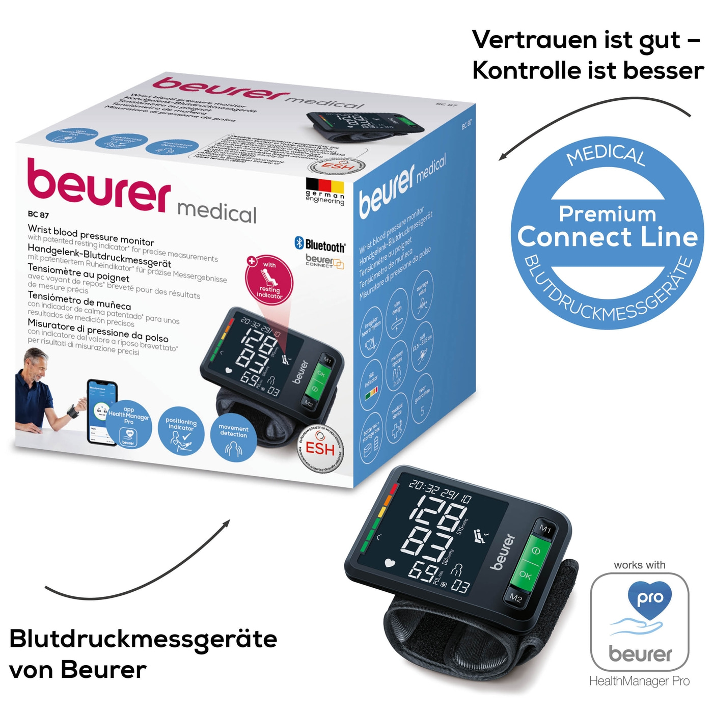 Beurer Handgelenk-Blutdruckmessgerät BC 87 <i>Bluetooth</i>®-Sanfter Druckaufbau und schnelle Messzeiten für komfortables Blutdruckmessen