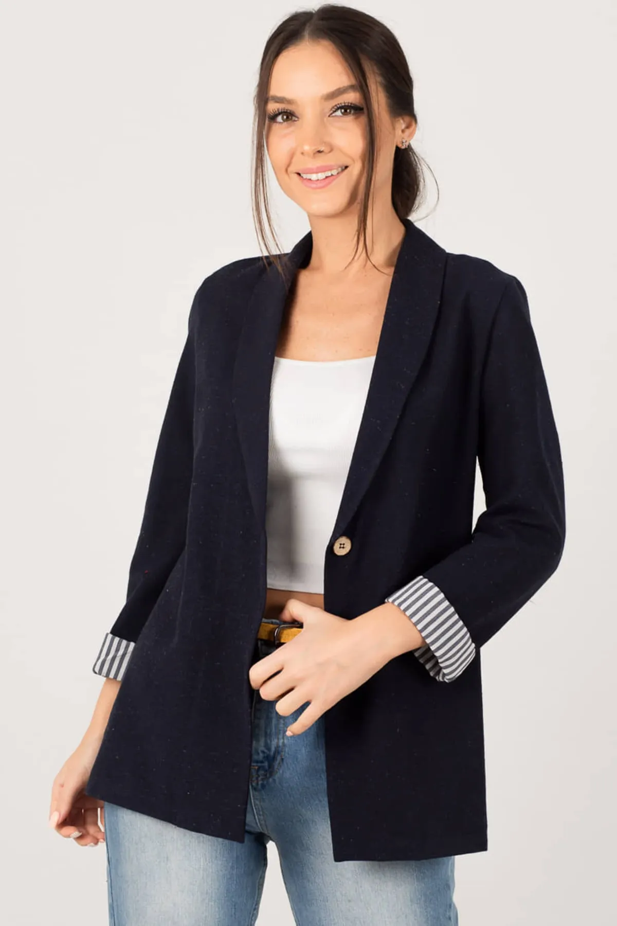 armonika  Damen-Jacke mit einem Knopf, dunkelblau, innen gestreift, ARM-22K001122