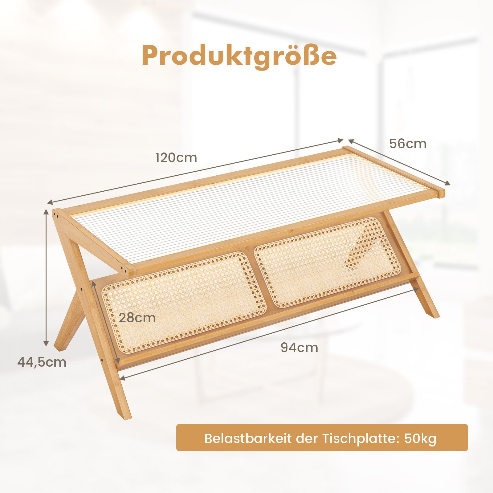 COSTWAY Couchtisch, mit Glastischplatte&Rattan-Ablagefach, Bambus, rechteckig