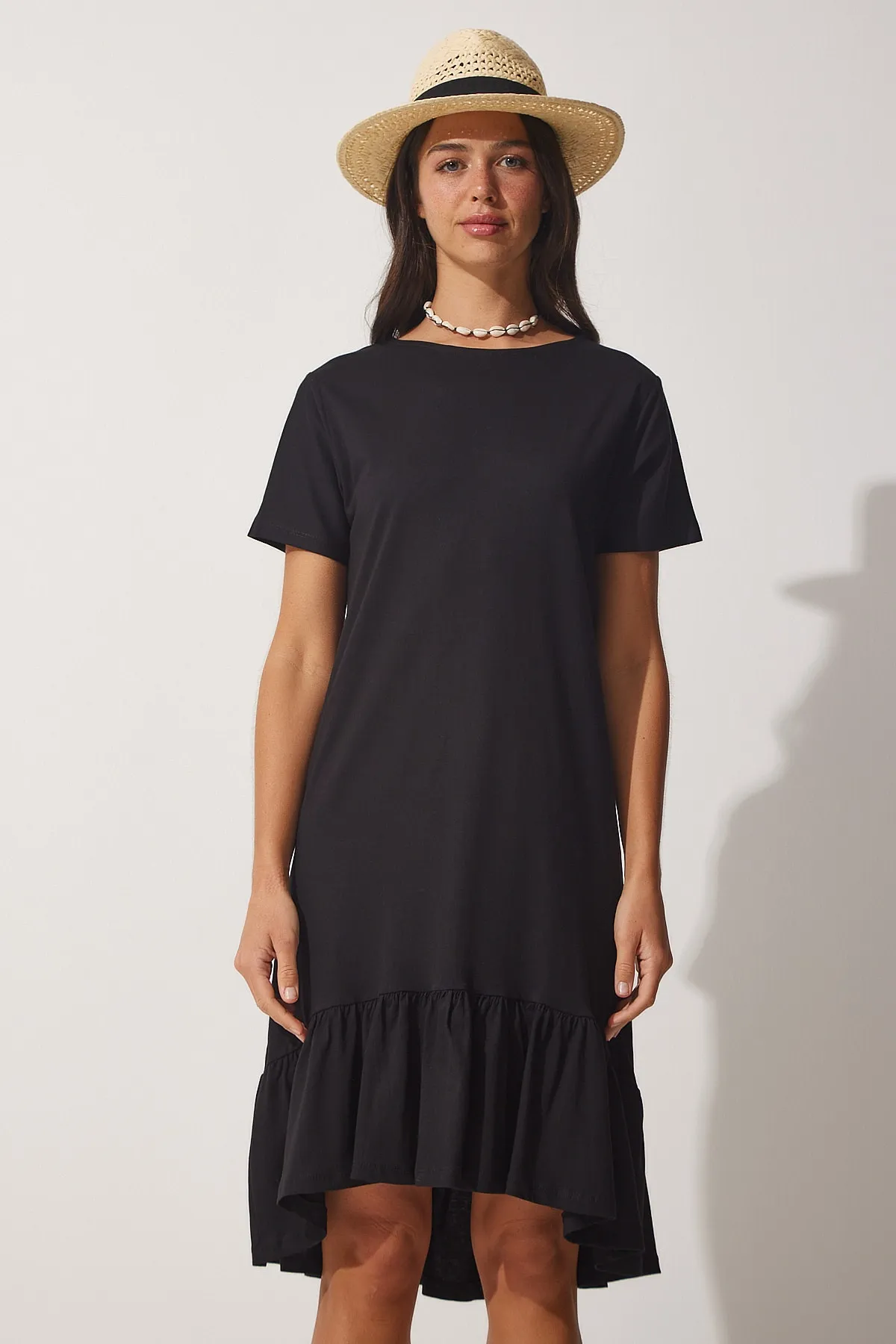 Happiness İstanbul  Schwarzes Volant-Sommer-Viskose-Strickkleid für Damen AP00186