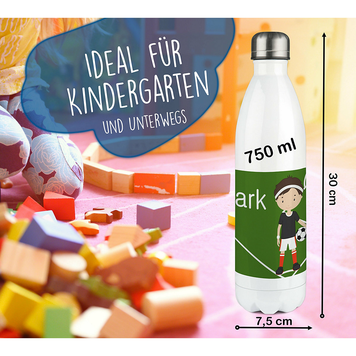 Edelstahl Kinder Thermoflasche / Trinkflasche bunt Fußballspieler Spülmaschinenfest, Auslaufsicher, Bruchfest, Doppelwandig, Für Heißgetränke geeignet, Mit Deckel, Isoliert