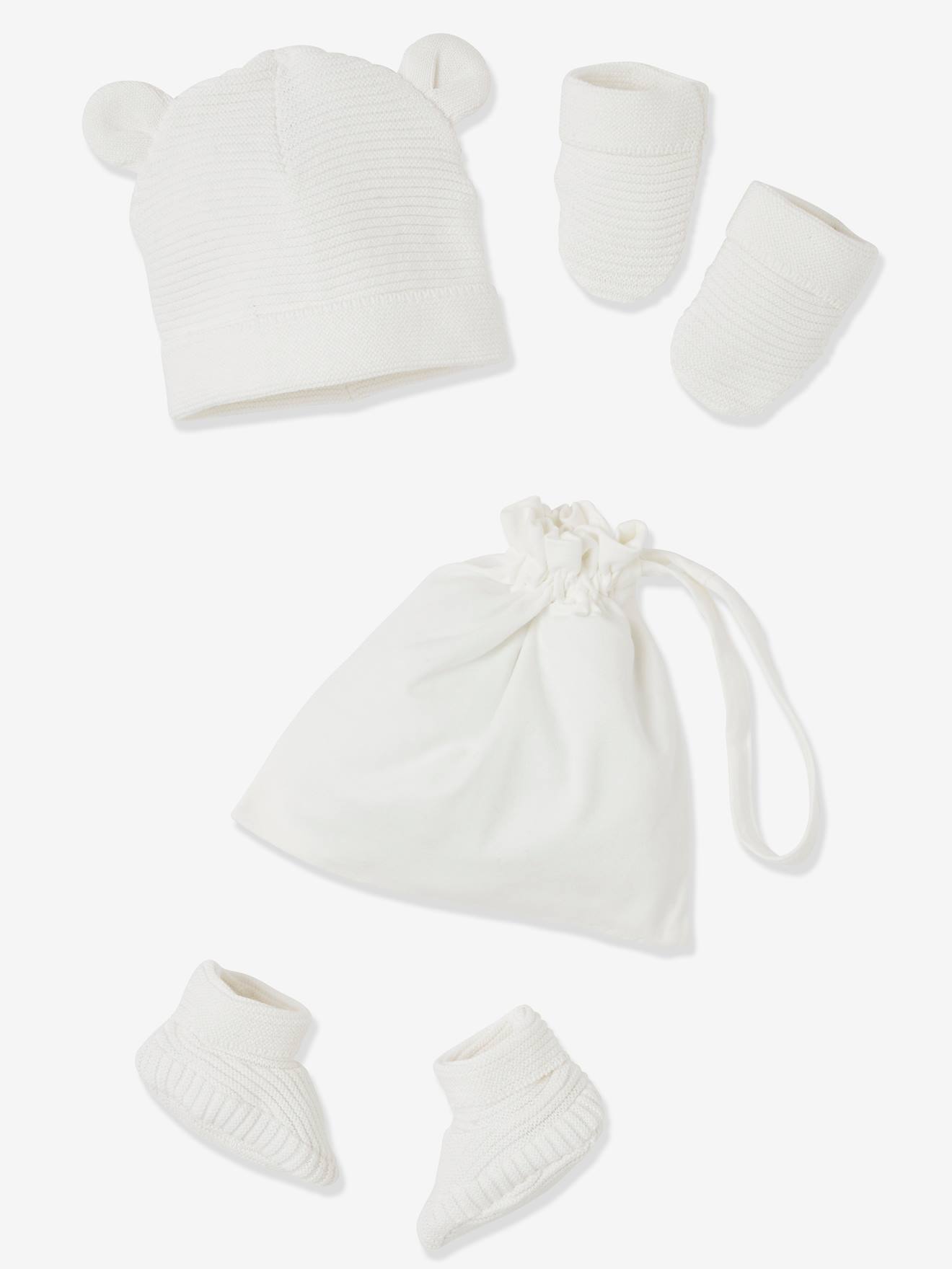 Ensemble bonnet, moufles et chaussons bébé naissance et son sac assorti marine