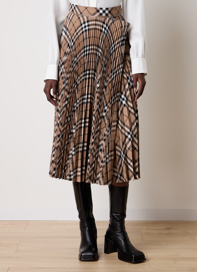 Fustă midi plisată în carouri Burberry din amestec de lână
