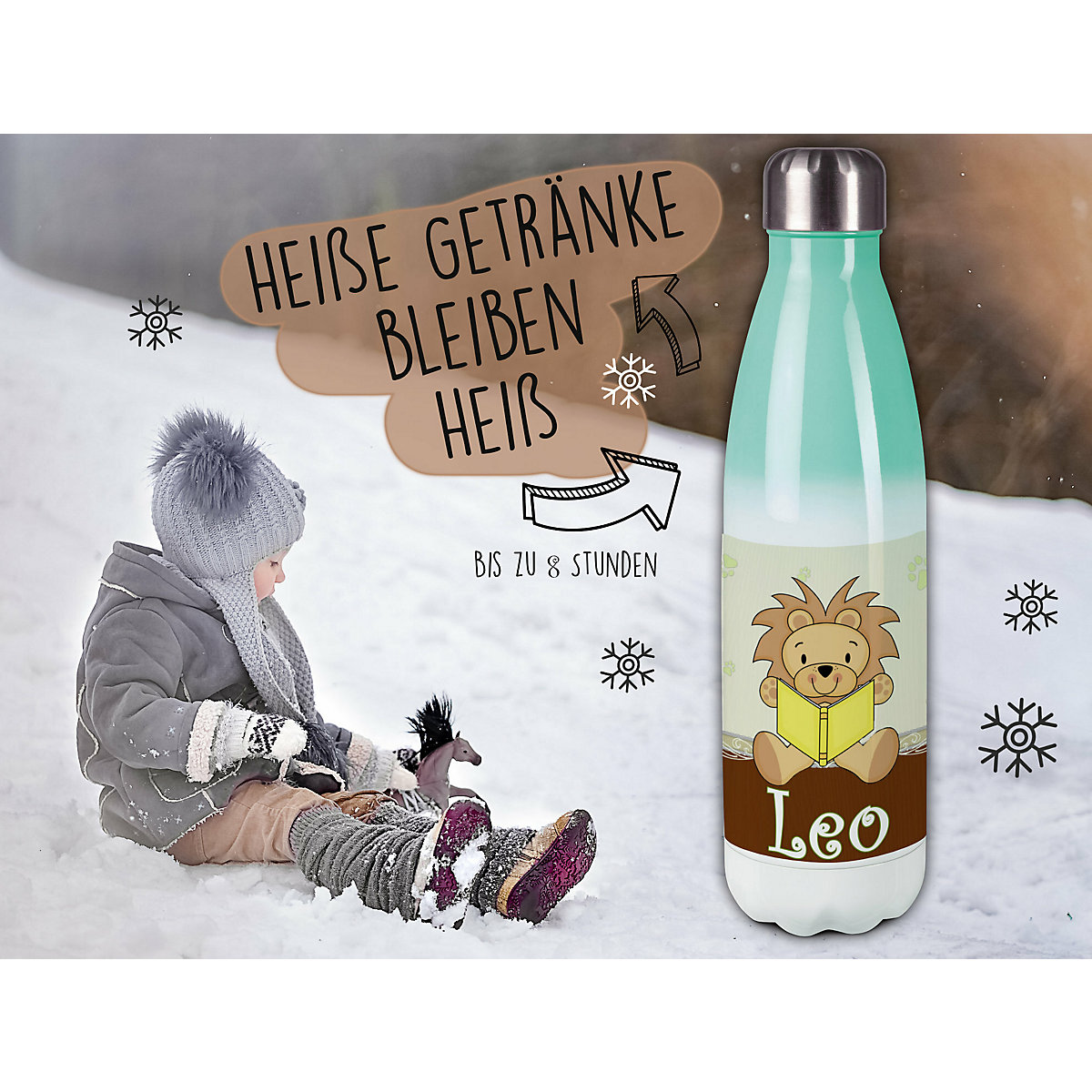 Edelstahl Kinder Thermoflasche / Trinkflasche bunt Leselöwe Farbe braun Spülmaschinenfest, Auslaufsicher, Bruchfest, Doppelwandig, Für Heißgetränke geeignet, Mit Deckel, Isoliert