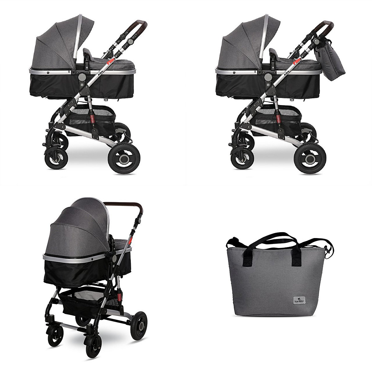 Kinderwagen Alba 2 in 1, Babywanne als Sportsitz einsetzbar, Gummireifen Kombikinderwagen