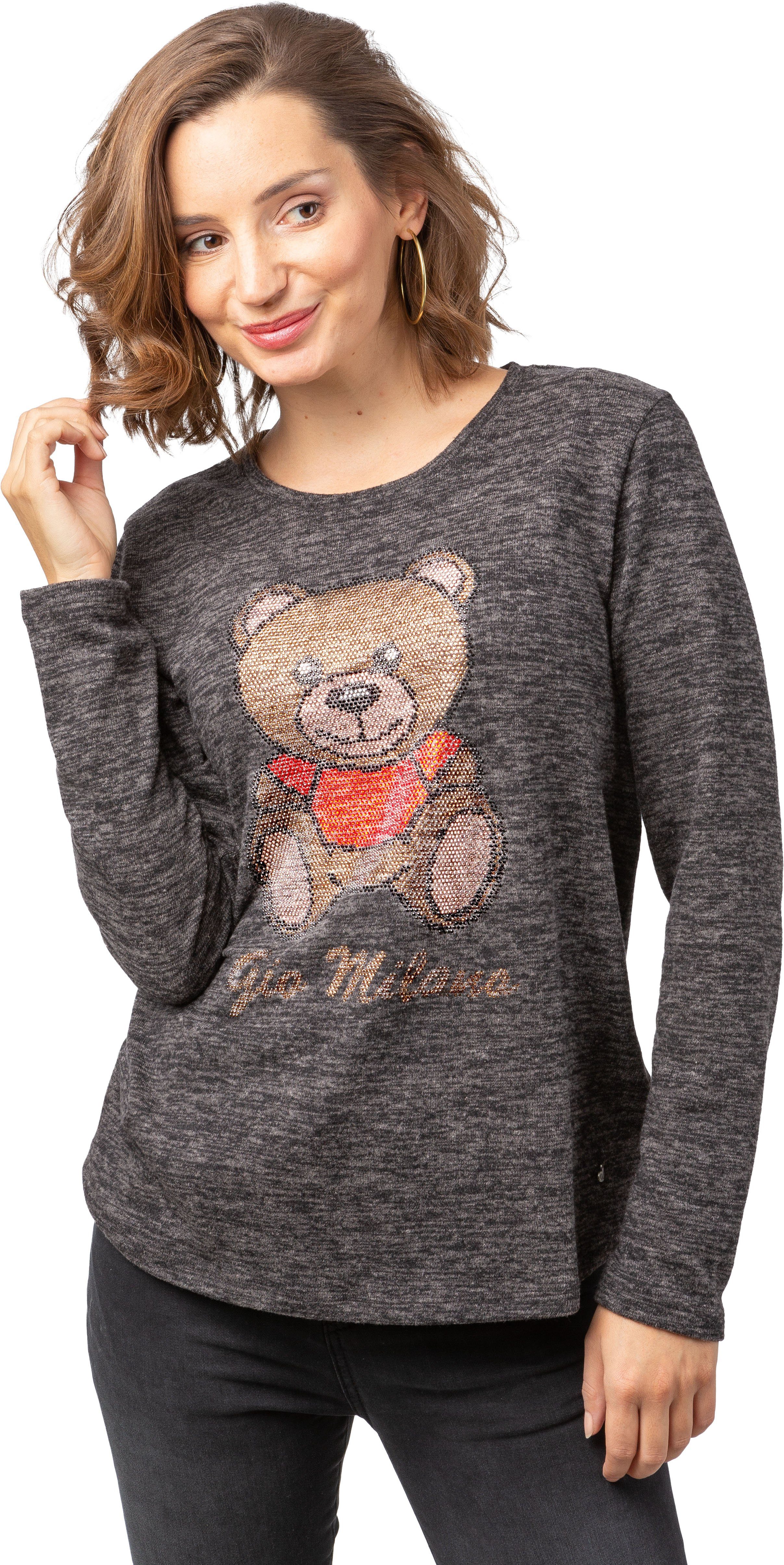 Gio Milano Rundhalspullover G25-7621 Cosy Pullover mit Teddy-Print aus Strass